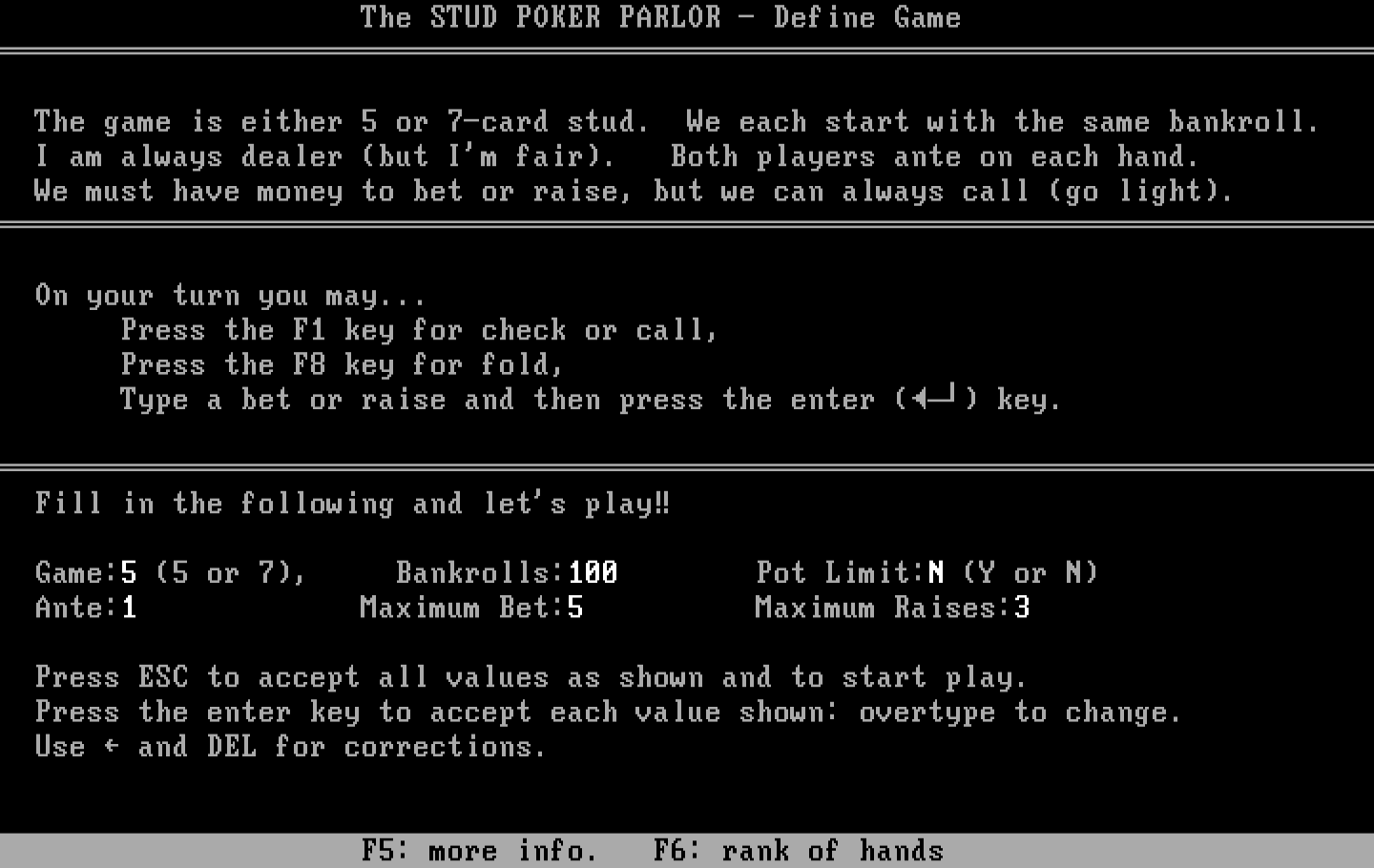 Stud Poker Parlor, The IBM PC/Compatibles Screenshot: Stud Poker...about the game...