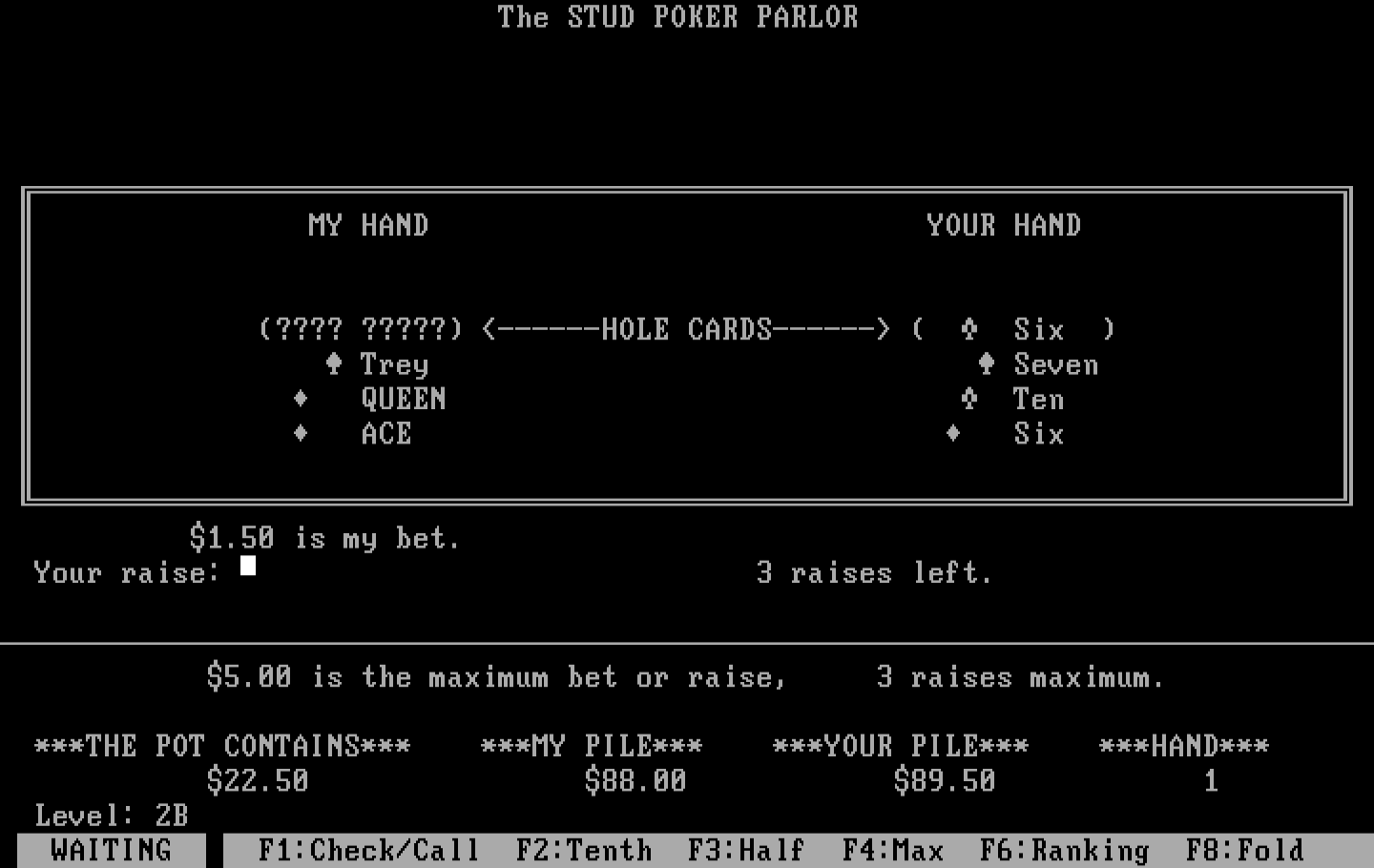 Stud Poker Parlor, The IBM PC/Compatibles Screenshot: Place your bet...