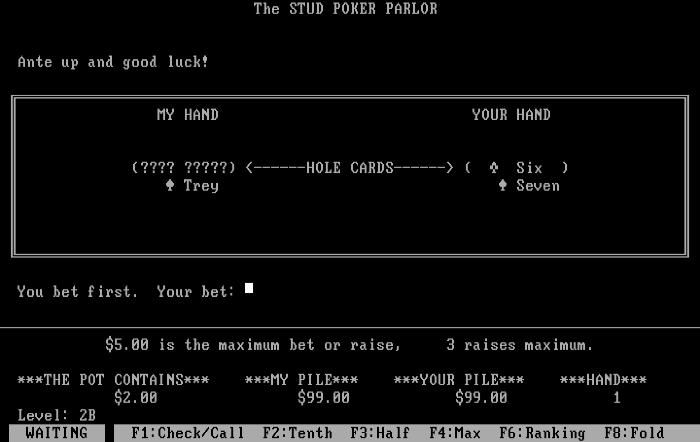 Stud Poker Parlor, The IBM PC/Compatibles Screenshot: Ante up and good luck!