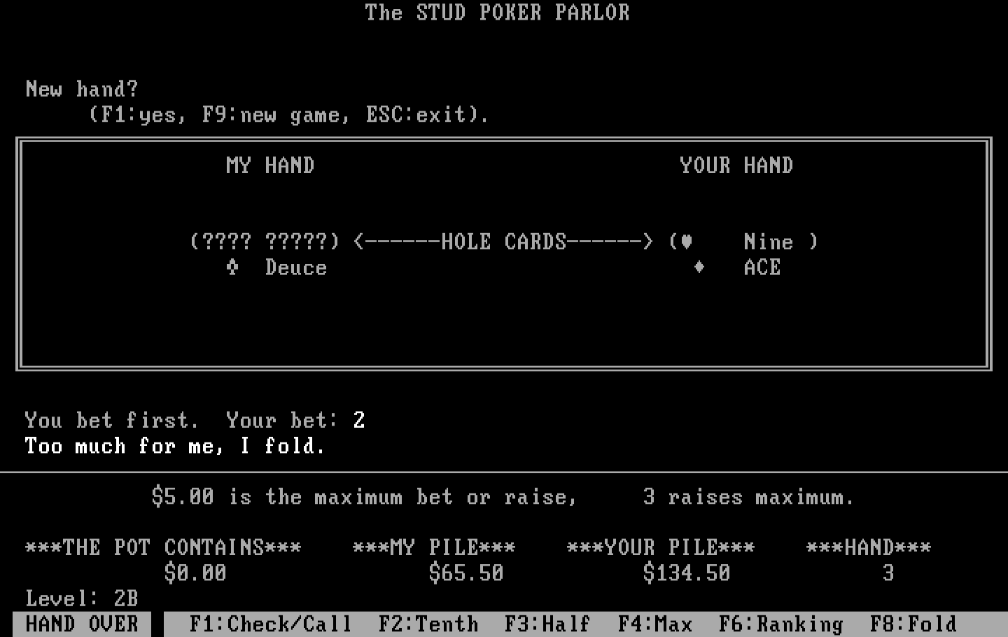 Stud Poker Parlor, The IBM PC/Compatibles Screenshot: The computer folds...