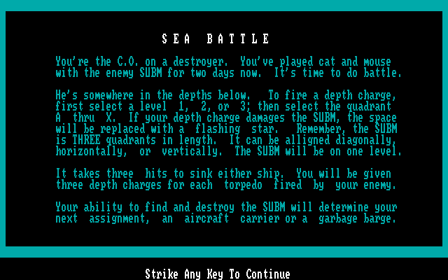 Sub Attack IBM PC/Compatibles Screenshot: Game instructions.