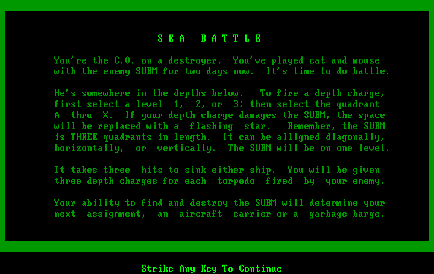 Sub Attack IBM PC/Compatibles Screenshot: Game instructions.