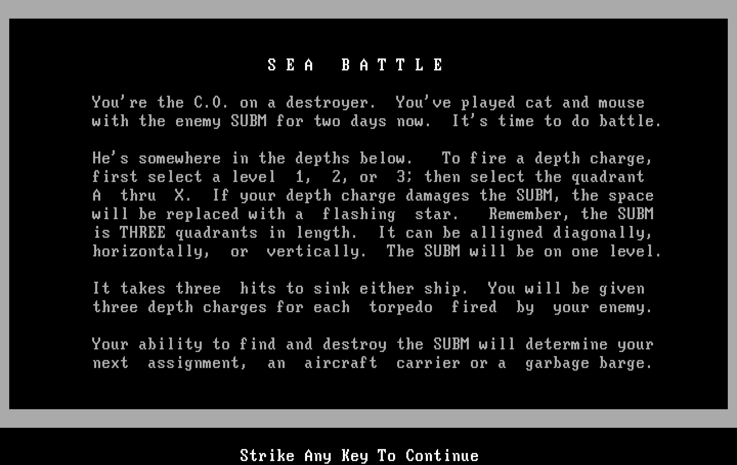 Sub Attack IBM PC/Compatibles Screenshot: Game instructions.