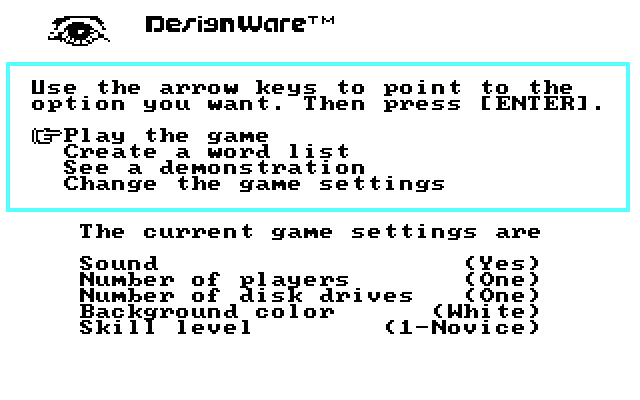 Spellagraph IBM PC/Compatibles Screenshot: The main game menu.