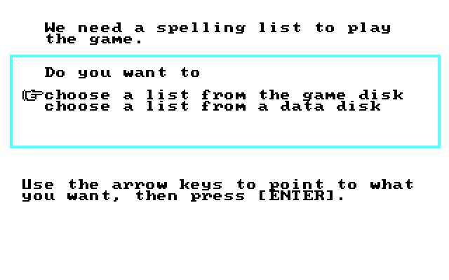 Spellagraph IBM PC/Compatibles Screenshot: Where do you want to load the word list from?