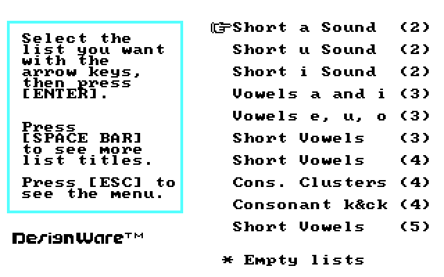 Spellagraph IBM PC/Compatibles Screenshot: Here are the available lists that come with the game.