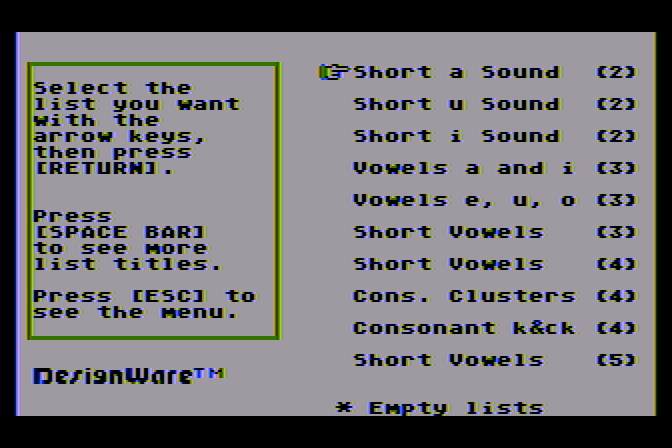 Spellagraph Atari 8-bit Screenshot: Select a word list.