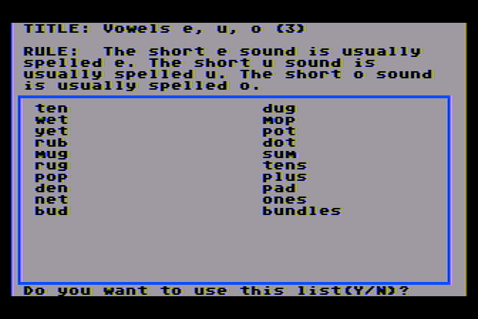 Spellagraph Atari 8-bit Screenshot: Here's the words in my new list.