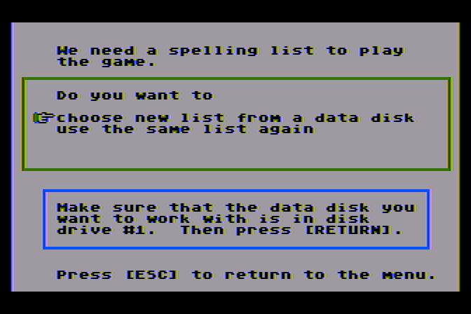 Spellagraph Atari 8-bit Screenshot: Time to play again; do you want a new word list?