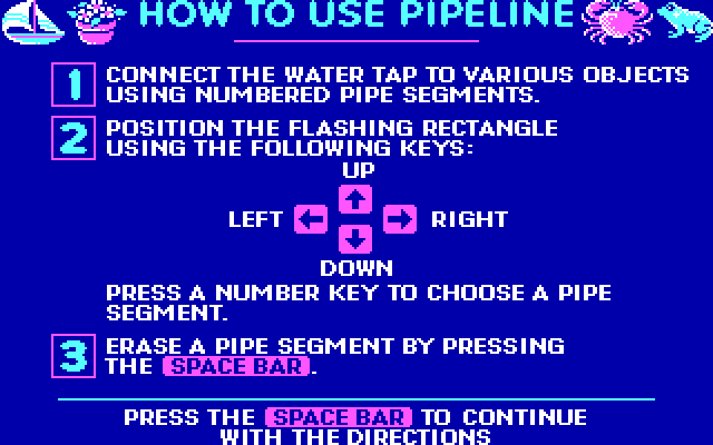 Pipeline IBM PC/Compatibles Screenshot: Game instructions, part 1...