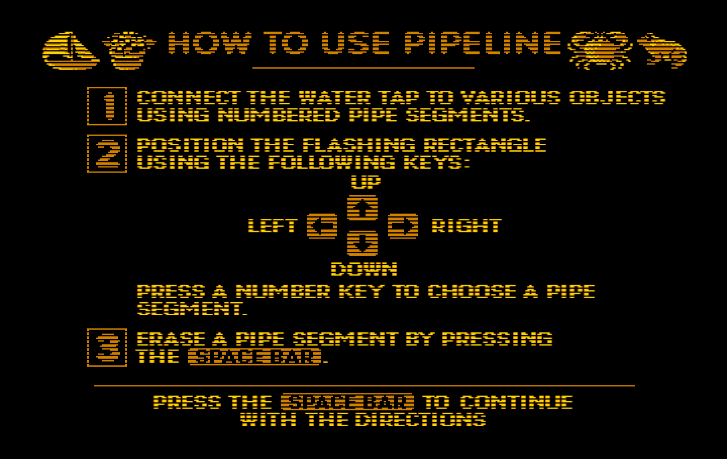 Pipeline IBM PC/Compatibles Screenshot: Game instructions, part 1...