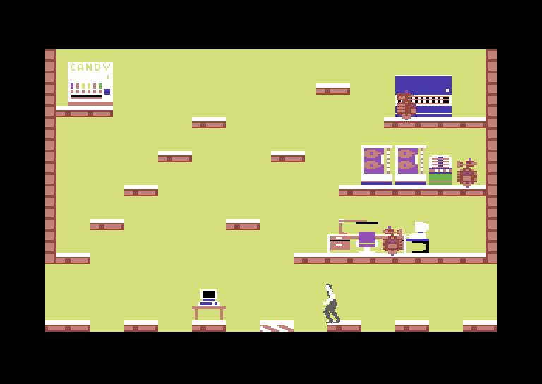 Impossible Mission Commodore 64 Screenshot: Time is lost if you fall through a hole in the floor.