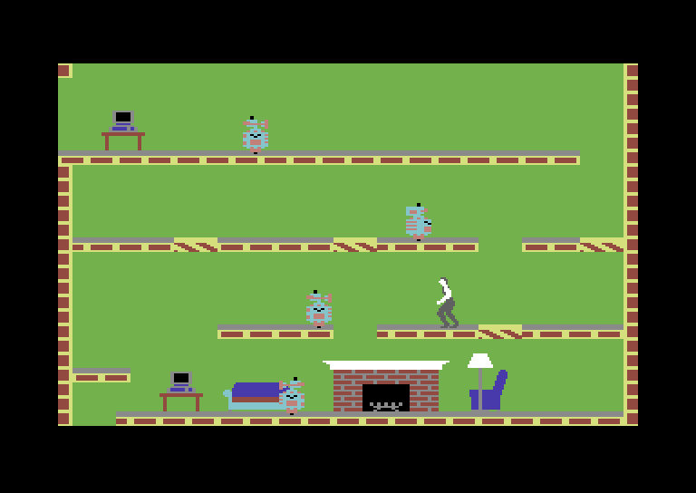 Impossible Mission Commodore 64 Screenshot: Use the moving platforms to reach different floors.