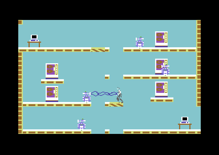 Impossible Mission Commodore 64 Screenshot: Zapped by a security robot.