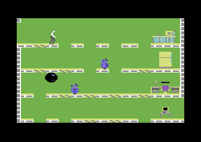 Impossible Mission Commodore 64 Screenshot: One of many rooms to explore...