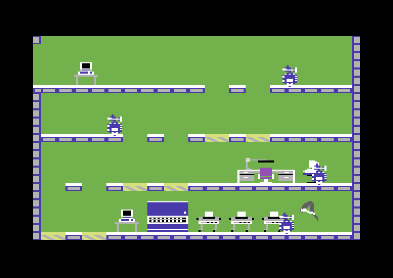 Impossible Mission Commodore 64 Screenshot: Use carefully timed jumps to dodge robots.