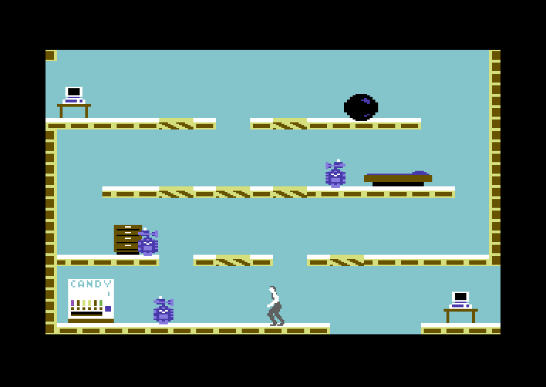 Impossible Mission Commodore 64 Screenshot: Things to search are often guarded by robots.