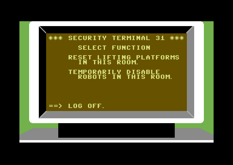 Impossible Mission Commodore 64 Screenshot: If you find a password the computer terminals can help you out.