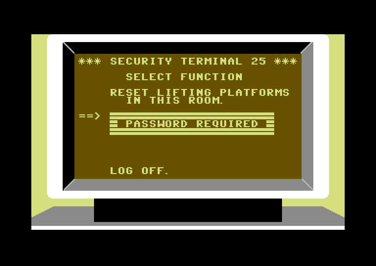Impossible Mission Commodore 64 Screenshot: I need a password before I can freeze the robots.