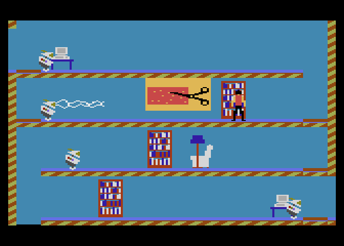 Impossible Mission Atari 7800 Screenshot: Searching a bookcase, and found a password!