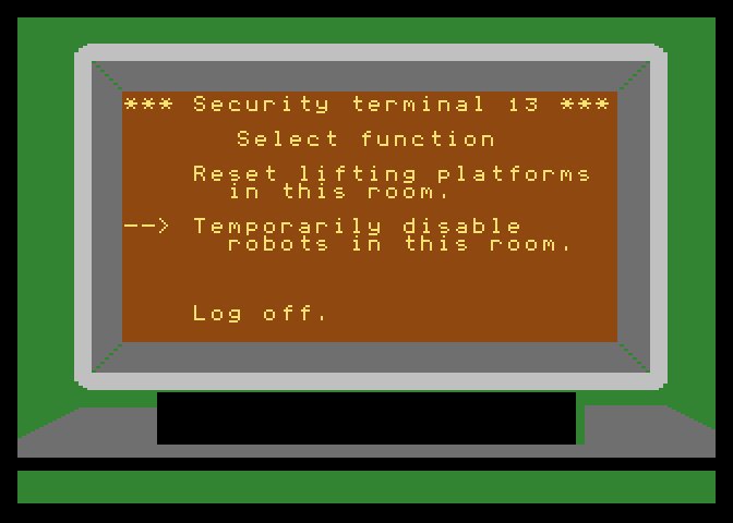 Impossible Mission Atari 7800 Screenshot: Some items can only be searched if you disable robots...