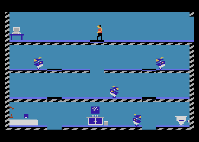 Impossible Mission Atari 7800 Screenshot: This room seems reasonably simple...but are the hidden traps?