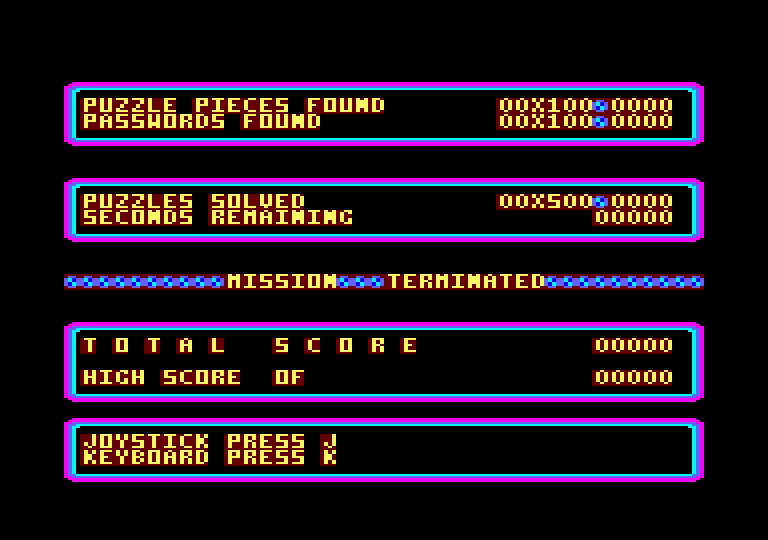 Impossible Mission Amstrad CPC Screenshot: Main menu.