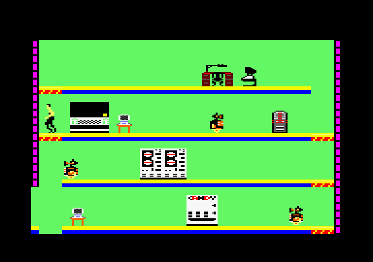 Impossible Mission Amstrad CPC Screenshot: Lots of searching to do in this room.