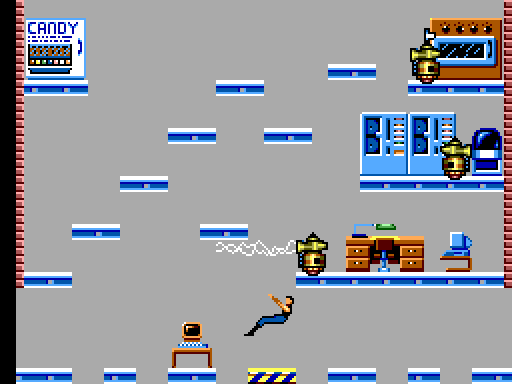 Impossible Mission Sega Master System Screenshot: Leaping to a platform, but looks like I may miss it!