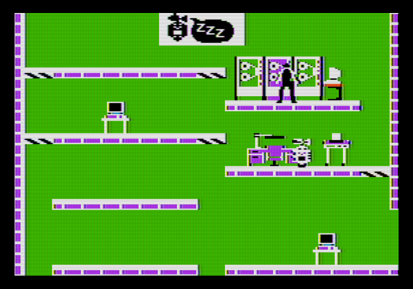 Impossible Mission Apple II Screenshot: I found a code which will temporarily disable the robots.