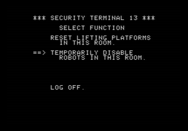 Impossible Mission Apple II Screenshot: Use the computer terminals to reset platforms or disable the robots...if you have the right codes!