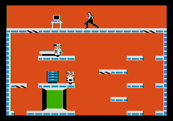 Impossible Mission Apple II Screenshot: Use the lifts to reach the platforms where there are things to search...