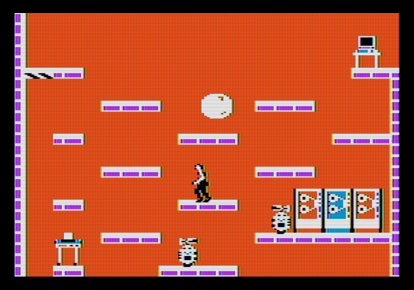Impossible Mission Apple II Screenshot: Watch out for that giant 8-ball; it's deadly!