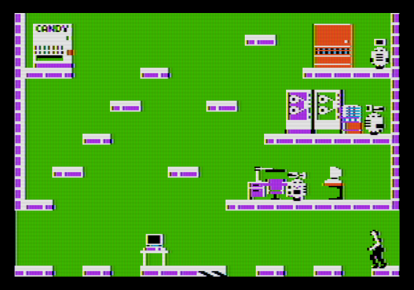 Impossible Mission Apple II Screenshot: Don't fall through the gaps at the bottom of the screen...