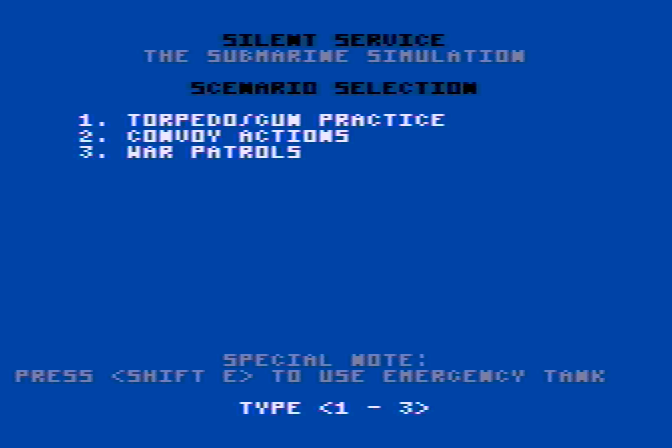 Silent Service Atari 8-bit Screenshot: Scenario menu.