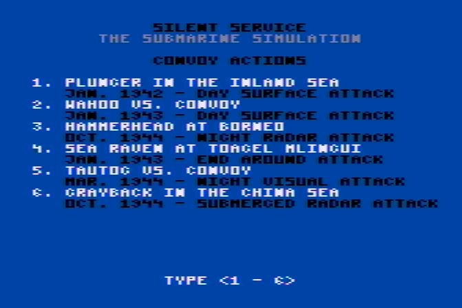 Silent Service Atari 8-bit Screenshot: Select from the convoy actions menu.