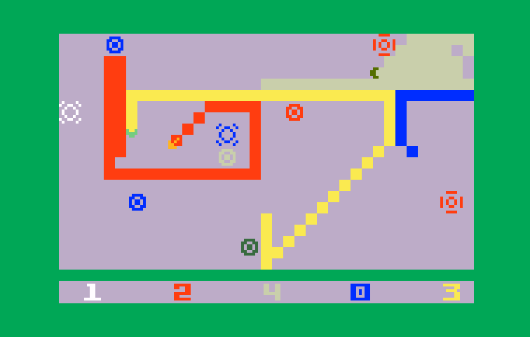 Snafu Intellivision Screenshot: The red and yellow player are on a collision course!