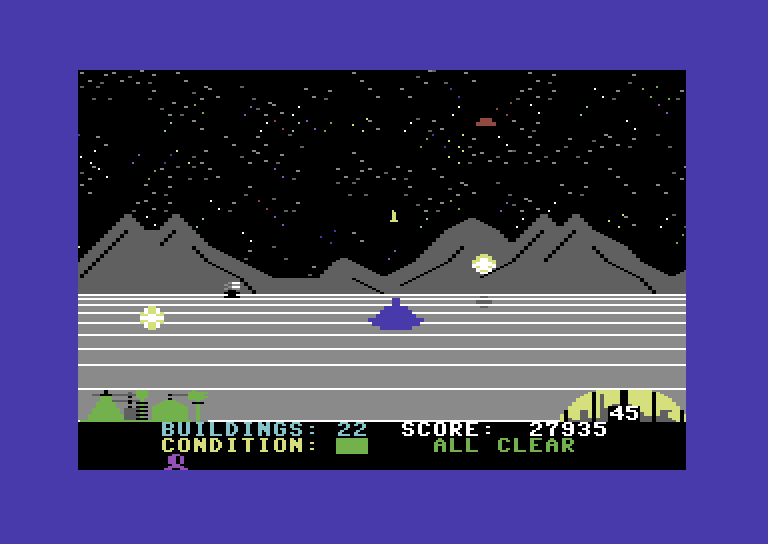 Lunar Outpost Commodore 64 Screenshot: Attacking an opponent in the distance...