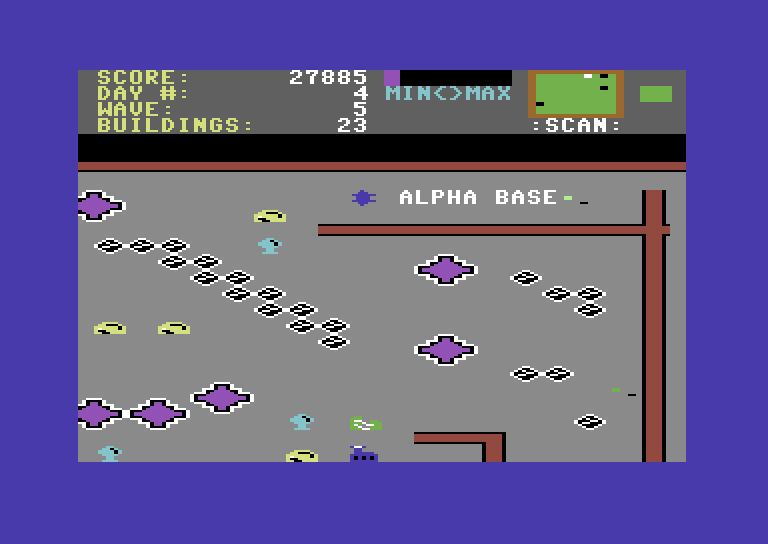 Lunar Outpost Commodore 64 Screenshot: My alpha base is under attack!