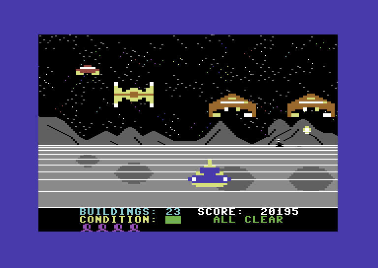 Lunar Outpost Commodore 64 Screenshot: Numerous opponents attack at once!