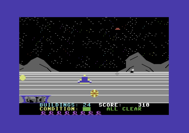 Lunar Outpost Commodore 64 Screenshot: Both you and the attacking Zytrons can move forward and backward on the screen.