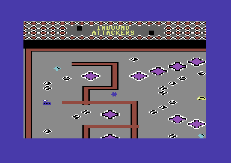 Lunar Outpost Commodore 64 Screenshot: Game start; inbound attackers!