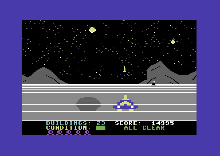 Lunar Outpost Commodore 64 Screenshot: I can see the Zytron shadow...but not the Zytron! Be careful...