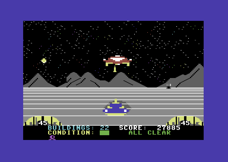 Lunar Outpost Commodore 64 Screenshot: Defending a base...