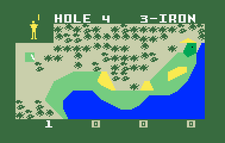 PGA Golf Intellivision Screenshot: Teeing off; don't hit the ball too far into the water!