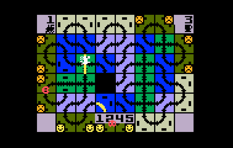 Loco-Motion Intellivision Screenshot: As the game progresses more obstacles appear.
