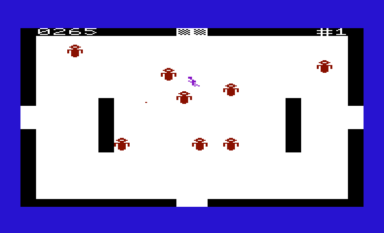 Amok Commodore VIC-20 Screenshot: Dodging robot fire...