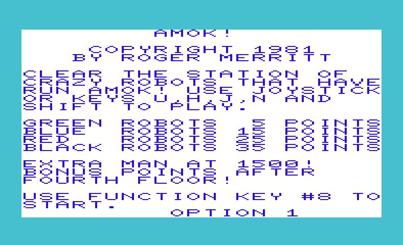 Amok Commodore VIC-20 Screenshot: Title screen.
