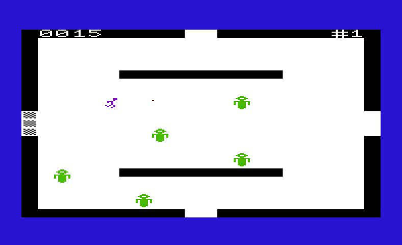 Amok Commodore VIC-20 Screenshot: Firing on an opponent robot...