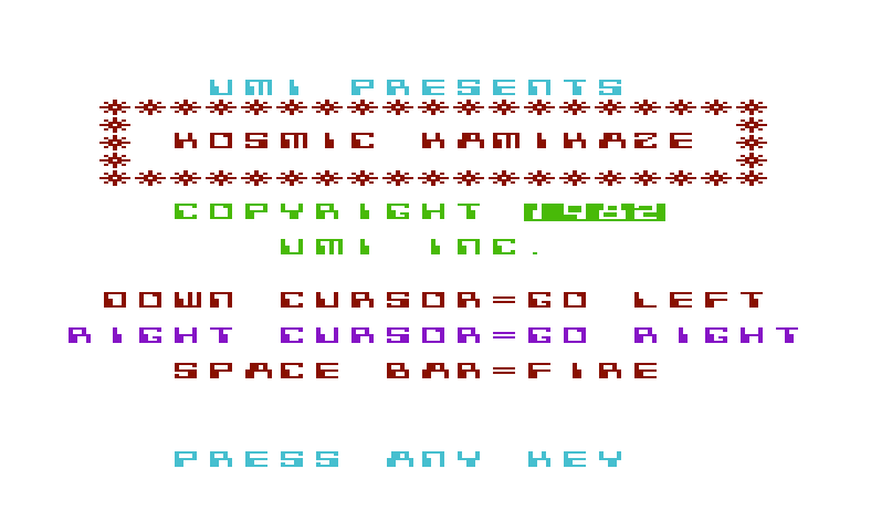 Kosmic Kamikaze Commodore VIC-20 Screenshot: Title screen.